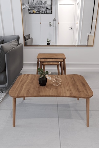 Esma Orta Sehpa Ve Zigon Sehpa 4'Lü Ahşap Ayaklı Salon Seti-Ceviz