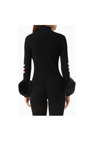 Izaak Azanei Ski Striped Zip - Up Sweater, Şık Ve Lüks Kadın Kürk Detaylı Kazak Kırmızı