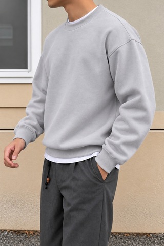 Cool Tarz Erkek 3 İplik Şardonlu Regular Fit Bisiklet Yaka Basic Sweatshirt Gümüş Gümüş