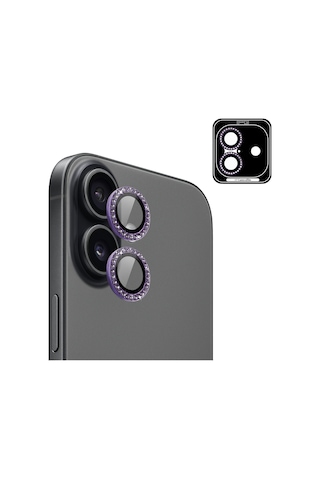 Apple iPhone Uyumlu 17 İçin Ipg Prolens Kamera Lens Koruyucu Elmas Taş Çerçeveli, Kırılmaz Cam Mor