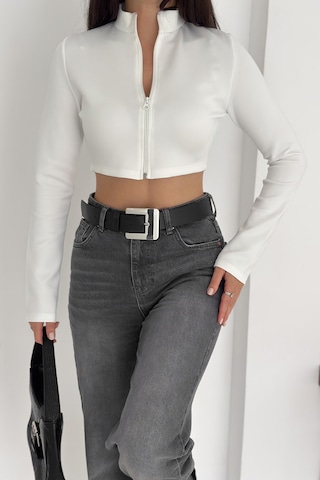 Kadın Fermuarlı Crop Ceket Dinamik & Modern Stil Beyaz