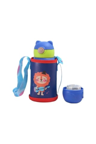 Hangfox Mavi Aslan Desenli Çocukluk Çağı Paslanmaz Çelik Termos Bardak, İki Kapaklı Şişe, Şarjlı İçecek Borusu İle Mavi