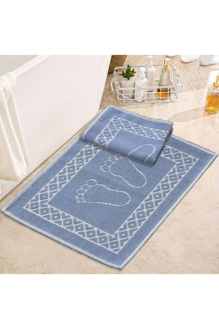 Soffy Mavi & Mavi 2 Adet 50x70 Cm Banyo Paspası %100 Doğal Pamuk Ayak Paspası Ayak Havlusu Mavi