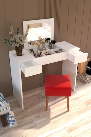 Tocco 1080 Pınar Aynalı Puflu Çekmeceli Lüx Makyaj Masası-beyaz