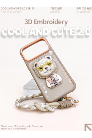 Apple Uyumlu iPhone 17 Magsafe Stand Özellikli 3d Gözlük Ve Fermuar Bear Nakışlı Cool Cute 2.0 Kılıf 11b Şeffaf