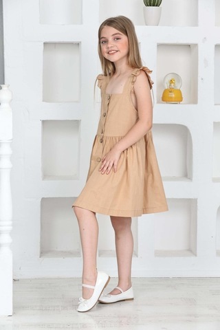 Kız Çocuk %100 Pamuk Keten Elbise 12197 Açık Kahve Açık Kahverengi