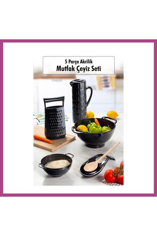 Gees Global Akrilik Siyah 5 Parça Sürahi & Rende & Süzgeç & Mini Süzgeç & Kaşıklık & Mutfak Çeyiz Seti Gbzs