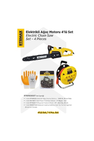 Rtrmax RTM9030SET Elektrikli Ağaç Kesme Motoru Eldiven + Testere Zinciri + Makaralı Uzatma Kablosu 4'lü Set
