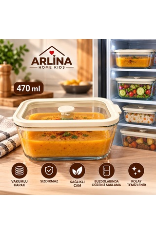 470 Ml Vakum Kapaklı Cam Saklama Kabı Krem