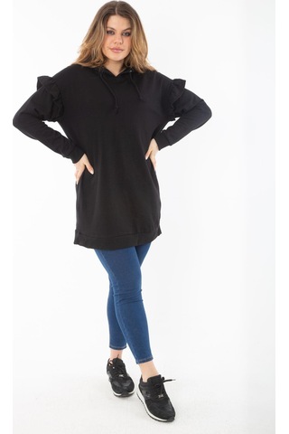 Kadın Büyük Beden Siyah İçi Şardonlu Üç İplik Kol Detaylı Kapşonlu Sweatshirt 65n37299-siyah Siyah