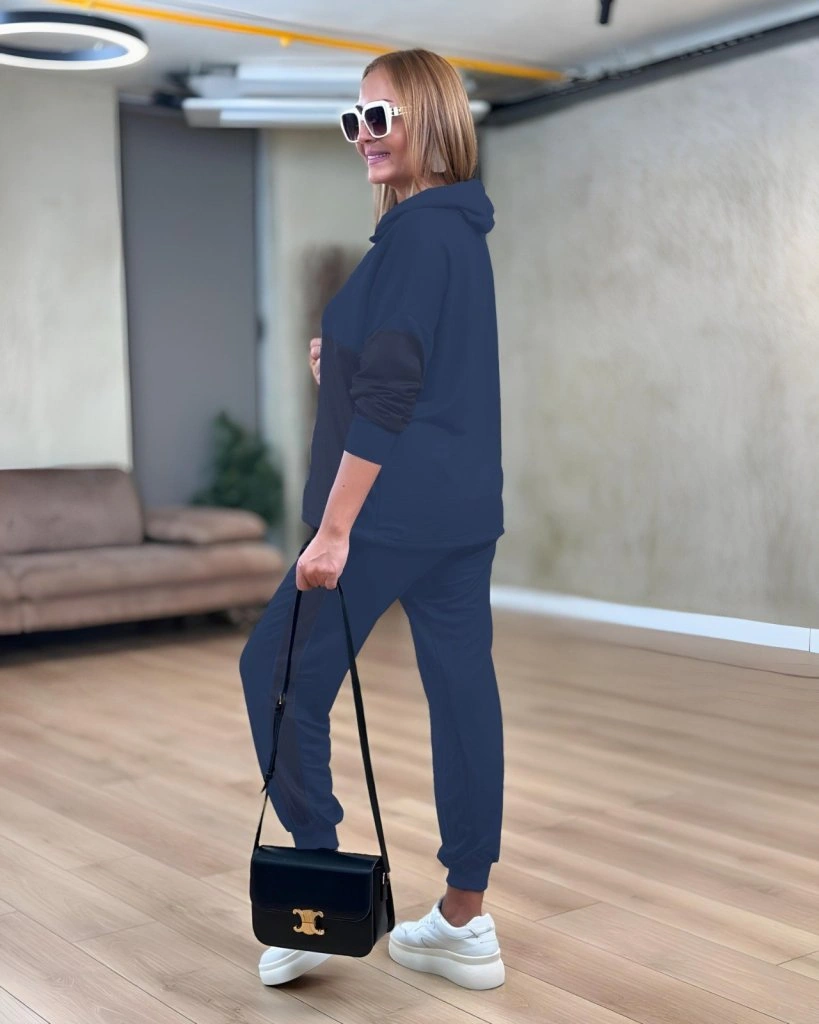 Tua Moda Kadın Uzun Kollu Kapşonlu Viskon Iki Iplik Bluz Ve Pantolon Ikili Takım Lacivert