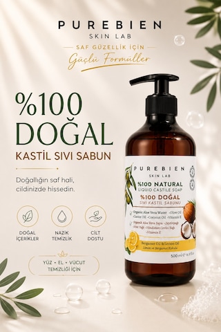 %100 Doğal Kastil Sıvı Sabun - Bergamot & Limon Kokulu