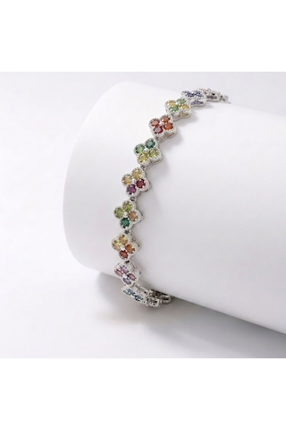 Premium Parlak Gümüş Renk 8mm Çakra Taşlı Çiçek Model Kadın Bijuteri Bileklik 3183kbv6d5 18cm