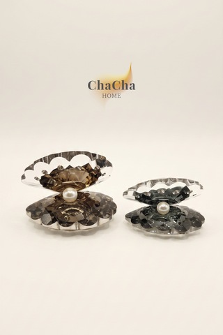 Chacha Home Oceana Pearl 2'li Kristal İncili İstiridye Obje Seti 9x7 Cm & 7x5 Cm - Lüks Cam Dekoratif Masa Üstü Biblo Füme