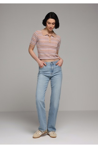 Colin's Colins Slim Fit Polo Yaka Çizgili Kadın Bej Kısa Kol Kazak Cl1078477 Q1.v2 Beı