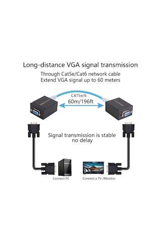 Vga Extender, Cat5e/cat6 Kablo İle, Vga Uzatıcı, Vga Verici + Alıcı, Siyah, 60 M,