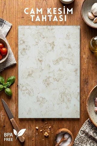 Nora Model İnce Mermer Desenli Cam Kesim Tahtası - 25x35cm - Dayanıklı Ve Pratik Kesim Matı Ekru