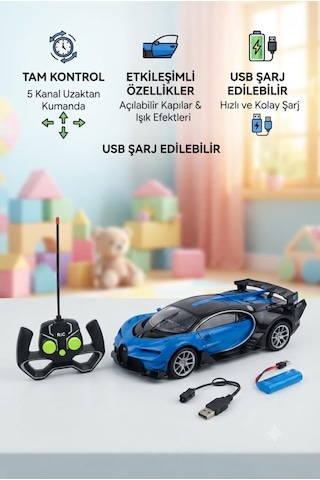 Bugatti Tasarımlı 1:14 Ölçekli 5 Kanal Uzaktan Kumandalı Şarjlı Spor Model Yarış Arabası Mavi