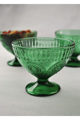 3 Adet Yeşil Cam Çerezlik Dondurma Tabağı Sunum Magnolia Kasesi