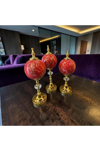 Ruby Gold Küre Dekoratif Obje Seti Kırmızı Mermer Desenli Lüks Modern Masa Üstü Ev Aksesuarı
