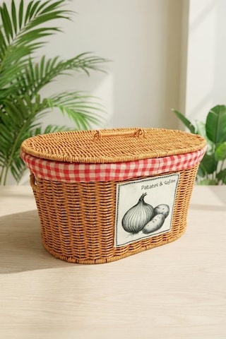 Digithome Oval Rattan Hasır Patates Soğan Çift Bölmeli Sepet Düzenleyici Organizer -9t03 Kahverengi