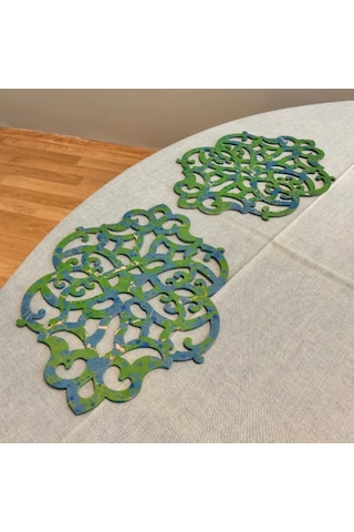Uretti - Gülin 6449 - Ebru Sanatı İle Elde Yapılmış Lazer Kesim Keçe Supla 2li Takım 40cm - Yeşil Yeşil