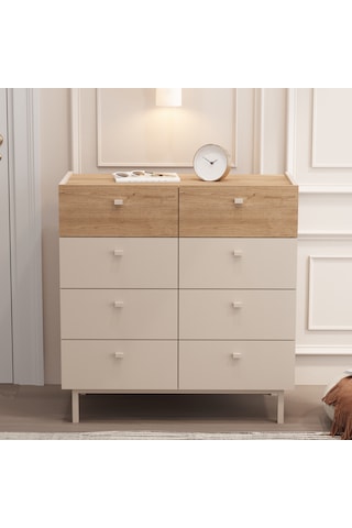 Robinhome Rhode Geniş Şifonyer 8 Çekmeceli Ahşap Ayaklı Kumsal-sepet Bej