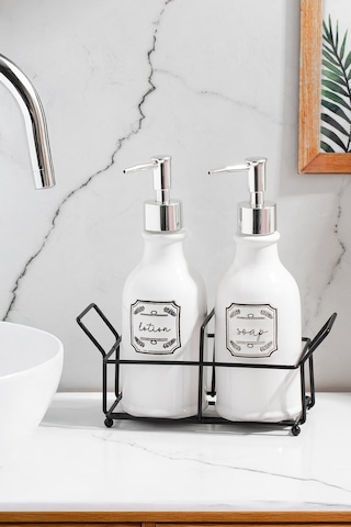 Porsima 3115 Gümüş Kapaklı Porselen 2li Sıvı Sabunluk Beyaz 700 Ml Beyaz