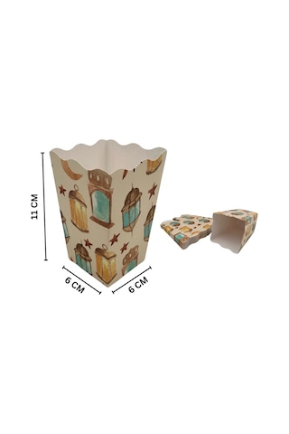 6lı Ramazan Temalı Patlamış Mısır, Şeker Kutusu, Hediye Popcorn, İkram Kutusu, 6x6x11 Cm, Krem Renk Krem