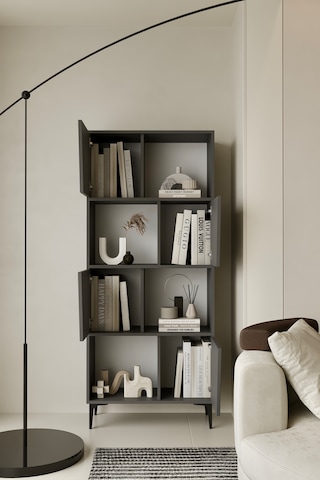 Roma Kitaplık 175 Cm - Vitrin - Gümüşlük 100% Mdf Metal Ayak Gri