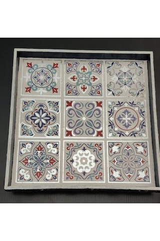 El İşçiliği Desenli Kahve Sunum Tepsisi 31x31 Cm