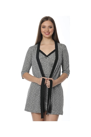 İbrahim Burak Etiler Collection Moda Çizgi Bayan Gri Leopar Desenli Gecelik Sabahlık Takım 1107 Gri - Leopar