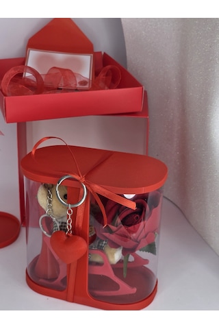 Sevgiliye Hediye Ayıcık Kutusu 15x15x10 Cm Karton Hediye Kutulu Gül Ve Vazo Anahtarlık Hediye Set