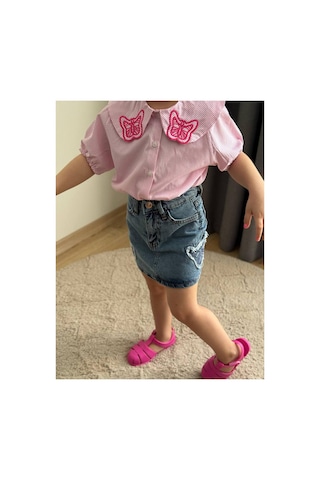 Minik Düşler Kız Çocuk Kelebek Yaka Çizgili Gömlek Ve Kot Etek 2'li Takım Pembe