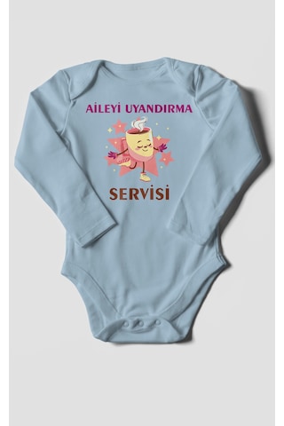Aileyi Uyandırma Servisi Baskılı Bebek Zıbını Çıtçıtlı Body %100 Pamuk Uzun Kol Bebe Mavisi