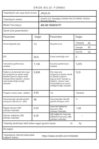Arçelik AB 240 4 Programlı 13 Kişilik D Enerji Sınıfı Ankastre Bulaşık Makinesi