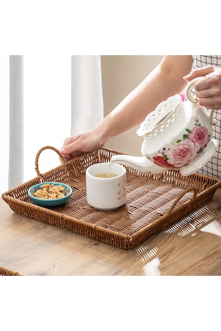 Porsima 709c Kare 3'lü Hasır Tepsi Dekoratif Sunum Servis Tepsisi