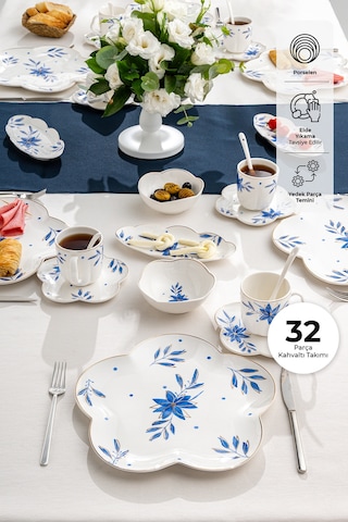 Emsan İntense Blue Porselen 32 Parça 6 Kişilik Kahvaltı / Servis Beyaz