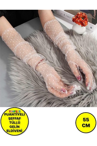 Uzun Boy Beyaz Puantiyeli Beyaz Renk Yetişkin Tül Eldiven Gelin Tül Eldiveni 55 Cm Çok Renkli