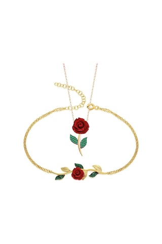 925 Ayar Gümüş Zirkon Taşlı Gül Kolye Bileklik Seti Gümüş