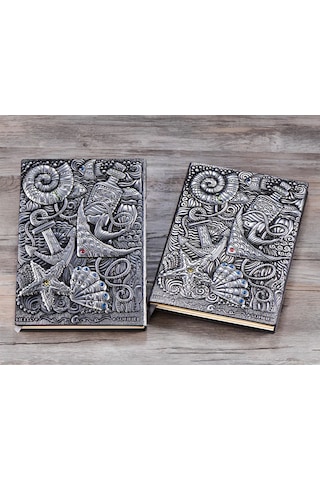 Hediyelik Gümüş Deri Defter Deniz Yıldızı Kabartmalı
