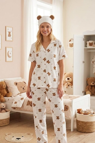 Fit Women Ayıcık Desenli Bürümçük Kumaş Kısa Kollu Pijama Takımı 6068 Kırık Beyaz
