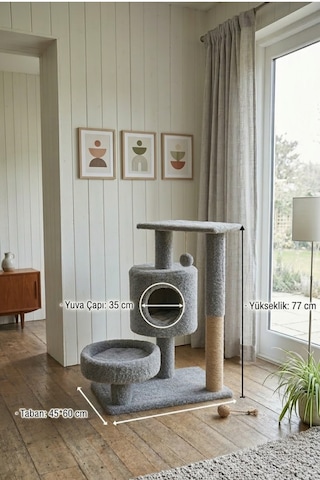Missidea Nrs-013 Yuvarlak Teras Ve Yuvalı Kedi Tırmalama Evi Gri