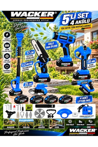 V-TEC Seri 4X Akü Full 5 Li Bahçe Seti Bağ Makası 17 Cm Testere Hava Üfleme Çim Biçme + 2.2 MT Teleskop