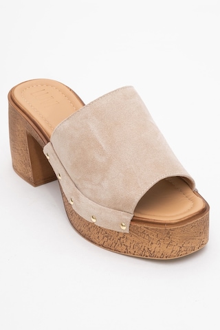 Pull Bej Süet Hakiki Deri Kadın Platform Topuklu Terlik Bej