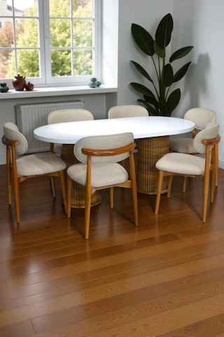 Bohem İskandinav Masa Sandalye Takımı 6 Adet Polo Sandalye Mdf Beyaz Oval Masa Modern Şık Kahverengi