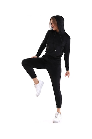 Winmoda34 Kadife Eşofman Takımı Kapüşonlu Fransız Kadife Yumoş Siyah