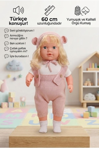 Konuşan Bebeğim 60 Cm Türkçe Konuşan Örgü Tulum Ve Şapkalı Kafası Bacakları Kolları Et Oyuncak Bebek 57162804