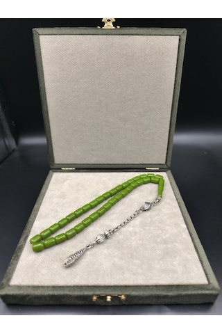 Osmanlı Benzetme Çubuk Sıkma Tesbih Fıstık Yeşili, 9,5x7 Mm Gümüş
