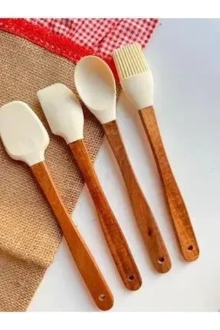 Bambu Saplı Silikon Mutfak Gereç Seti 4'lü Kahverengi